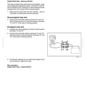 May include: Diagram of an engine start relay test procedure. The image includes text instructions, a wiring diagram, and an illustration of a multimeter. The text includes steps for testing the relay's functionality.