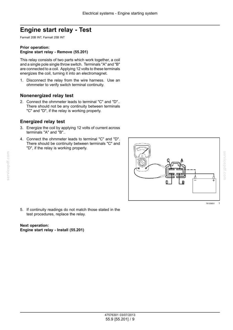 May include: Diagram of an engine start relay test procedure. The image includes text instructions, a wiring diagram, and an illustration of a multimeter. The text includes steps for testing the relay's functionality.