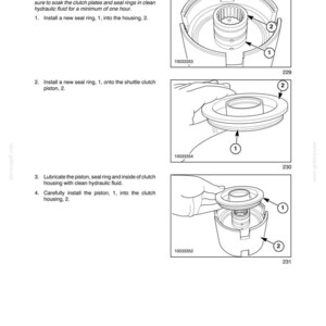 May include: A technical manual page titled SECTION 21 - TRANSMISSION - CHAPTER 1, featuring three black and white line drawings illustrating the assembly of a shuttle clutch, seal rings, and a piston, with numbered parts and instructional text.