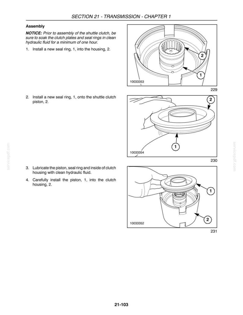 May include: A technical manual page titled SECTION 21 - TRANSMISSION - CHAPTER 1, featuring three black and white line drawings illustrating the assembly of a shuttle clutch, seal rings, and a piston, with numbered parts and instructional text.