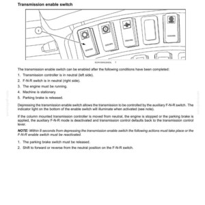 May include: A technical document page titled 4 - OPERATING INSTRUCTIONS, featuring a diagram of a transmission enable switch panel with five rectangular buttons. The text outlines procedures for enabling the transmission, including neutral controller settings, engine status, and parking brake requirements.