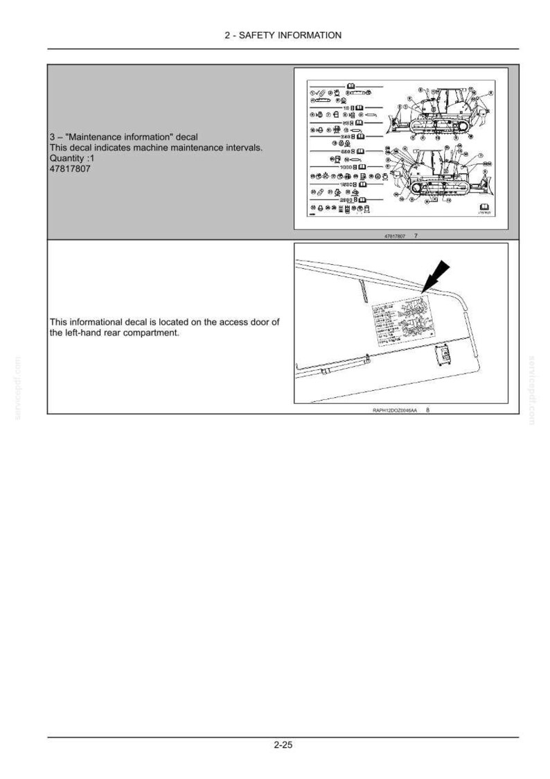 May include: A technical document page titled 2 - SAFETY INFORMATION featuring a maintenance information decal for heavy machinery. It includes a diagram of a bulldozer with numbered parts and a line drawing showing the decal placement on a door.