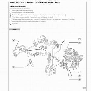May include: Diagram of an injection feed system by mechanical rotary pump. The diagram includes labeled components such as fuel feed pipes, fuel exhaust pipes, a fuel feed rotary pump, and an injector.