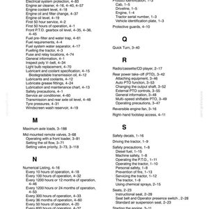 May include: A black and white index page from a technical manual, labeled Section 9, featuring alphabetical entries from M to S. The text lists various tractor maintenance and operation topics, including engine, fuel, safety, and seat adjustments.