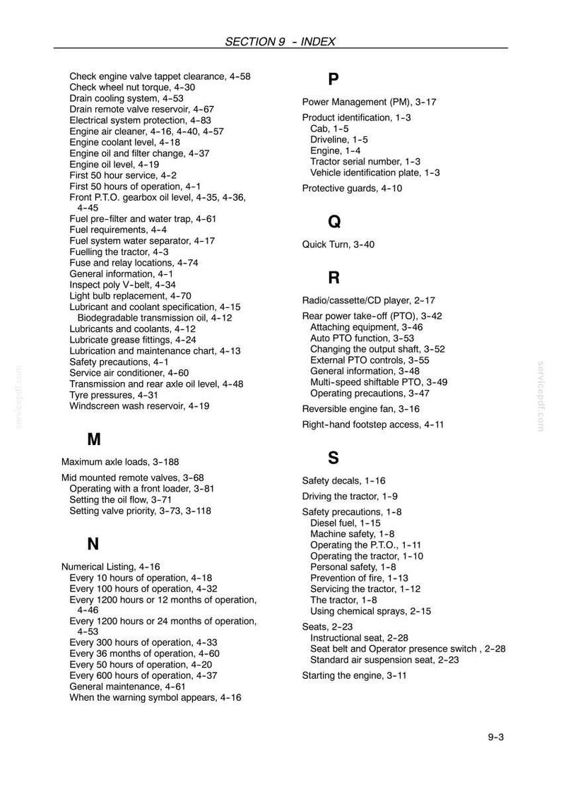 May include: A black and white index page from a technical manual, labeled Section 9, featuring alphabetical entries from M to S. The text lists various tractor maintenance and operation topics, including engine, fuel, safety, and seat adjustments.