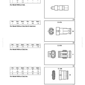 Puede incluir: Diagramas de conectores el&eacute;ctricos y esquemas de cableado, incluyendo LMP-178, C-179 y C-180. Los diagramas incluyen configuraciones de pines y detalles de secci&oacute;n. El texto incluye "SECTION 55 - ELECTRICAL SYSTEM - CHAPTER 8" y "For Model Without Cab."