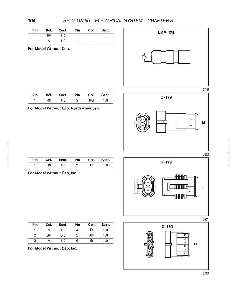 Puede incluir: Diagramas de conectores el&eacute;ctricos y esquemas de cableado, incluyendo LMP-178, C-179 y C-180. Los diagramas incluyen configuraciones de pines y detalles de secci&oacute;n. El texto incluye "SECTION 55 - ELECTRICAL SYSTEM - CHAPTER 8" y "For Model Without Cab."