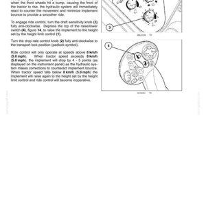 May include: A technical manual page titled 6 - WORKING OPERATIONS describing Dynamic ride control. It features two diagrams with numbered callouts 1 through 4, showing control knobs and a raise/lower switch for tractor hydraulic systems.