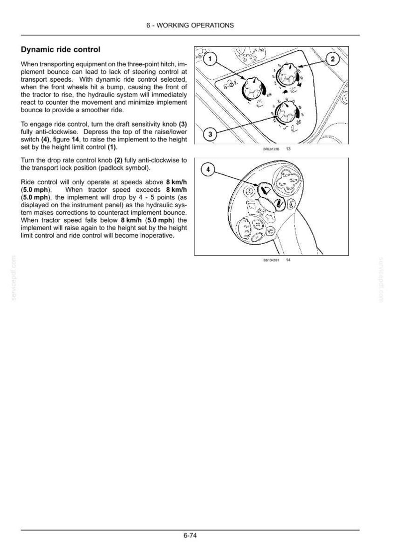 May include: A technical manual page titled 6 - WORKING OPERATIONS describing Dynamic ride control. It features two diagrams with numbered callouts 1 through 4, showing control knobs and a raise/lower switch for tractor hydraulic systems.