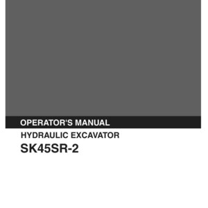 Op de afbeelding: Een donkergrijze gebruikershandleiding voor een Kobelco hydraulische graafmachine model SK45SR-2. De omslag bevat het witte Kobelco-logo bovenaan, met de tekst OPERATOR'S MANUAL, HYDRAULIC EXCAVATOR en SK45SR-2 in het wit eronder.