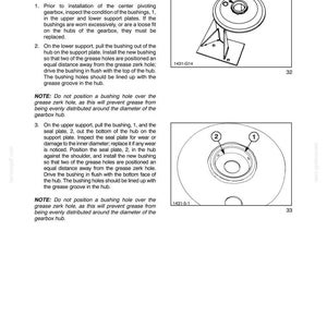 May include: Technical diagram showing gearbox support plate bushing replacement. Includes instructions and diagrams for installing bushings and seal plates. Features labeled components and notes for correct assembly.