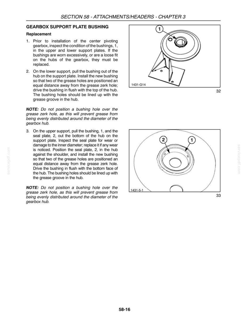 May include: Technical diagram showing gearbox support plate bushing replacement. Includes instructions and diagrams for installing bushings and seal plates. Features labeled components and notes for correct assembly.