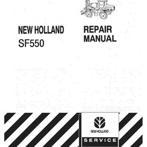May include: A white New Holland SF550 repair manual cover featuring a black and white line drawing of a tractor at the top. The text reads New Holland SF550 Repair Manual. A black and white diagonal striped pattern appears at the bottom with a logo.