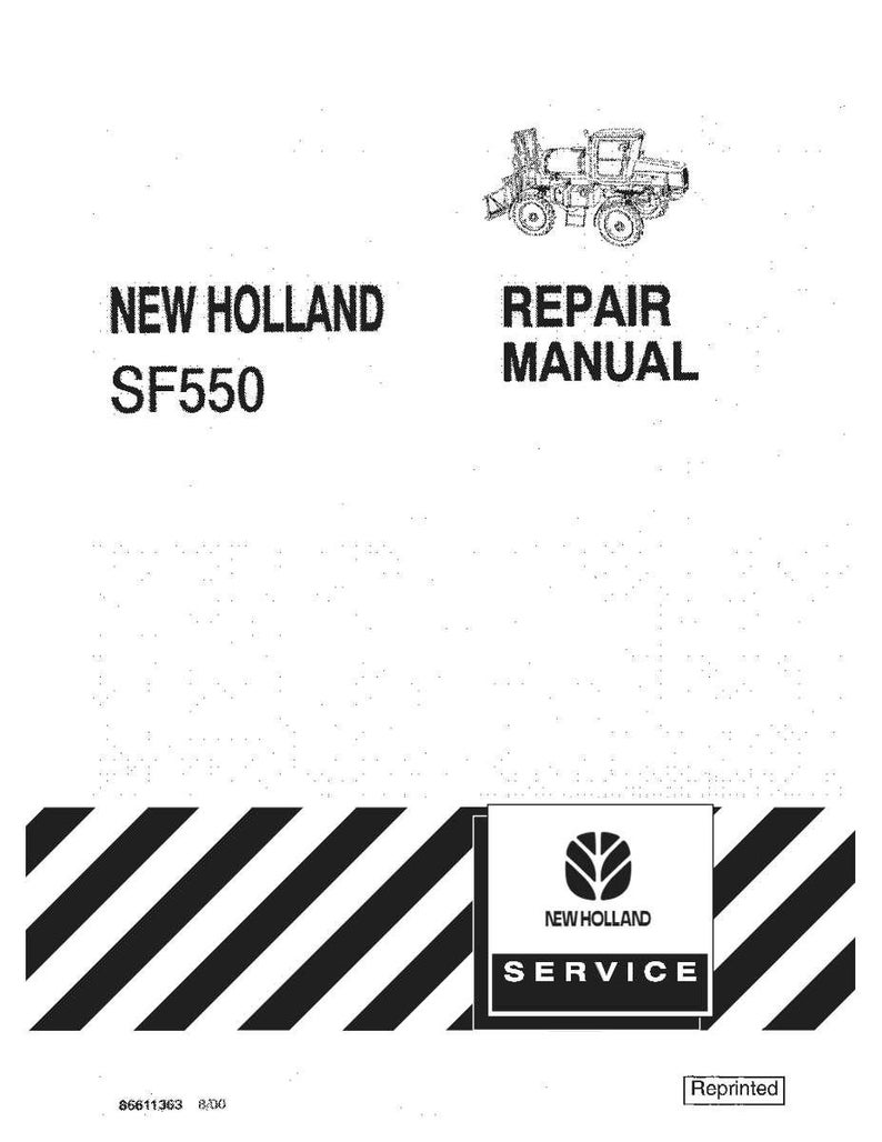 May include: A white New Holland SF550 repair manual cover featuring a black and white line drawing of a tractor at the top. The text reads New Holland SF550 Repair Manual. A black and white diagonal striped pattern appears at the bottom with a logo.