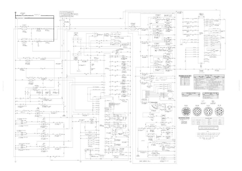 May include: A technical electrical schematic diagram printed in black ink on a white background. The document features complex wiring paths, various electronic symbols, connection points, and several tables detailing pin assignments and connector data.