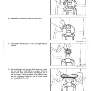 K&ouml;nnte beinhalten: Diagramm der Getriebekomponenten mit Schritt-f&uuml;r-Schritt-Anleitungen. Enth&auml;lt Bilder des Wiedereinbaus der R&uuml;ckplatte, des Sicherungsrings, der Druckscheibe und des Auftrags von Vaseline auf einen Teflon-Dichtring. Text enth&auml;lt Teilenummern und Installationshinweise.
