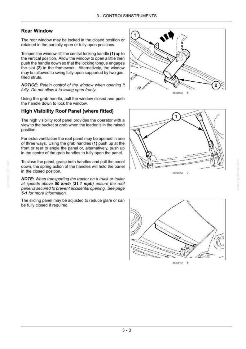 Peut inclure: Une page de manuel technique intitul&eacute;e 3-CONTROLS/INSTRUMENTS pr&eacute;sentant des dessins au trait en noir et blanc d'un m&eacute;canisme de verrouillage de lunette arri&egrave;re et d'un panneau de toit haute visibilit&eacute; avec des composants num&eacute;rot&eacute;s.