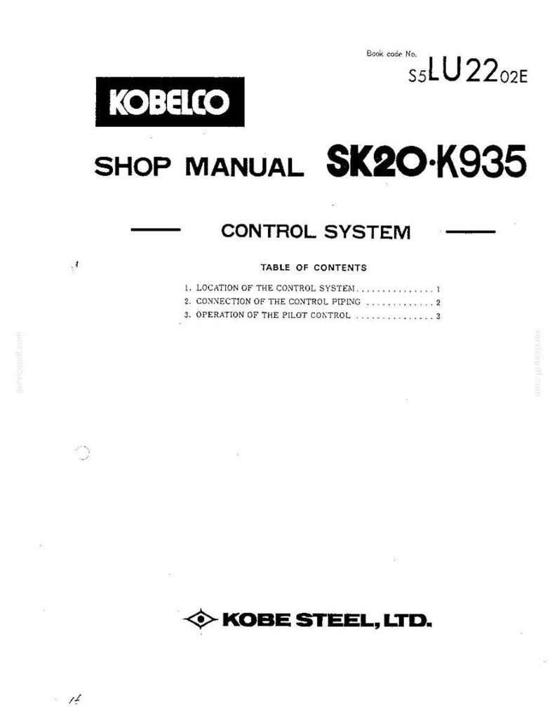 May include: A white technical document titled Kobelco Shop Manual SK20-K935 Control System. The page includes a table of contents listing the location of the control system, connection of the control piping, and operation of the pilot control, with Kobe Steel, Ltd. at the bottom.