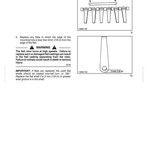 May include: Diagrams from a manual showing mechanical components. One diagram depicts a series of flails and related parts. Another diagram shows a single flail with a measurement of 3 mm (1/8 in). Text includes warnings and instructions.