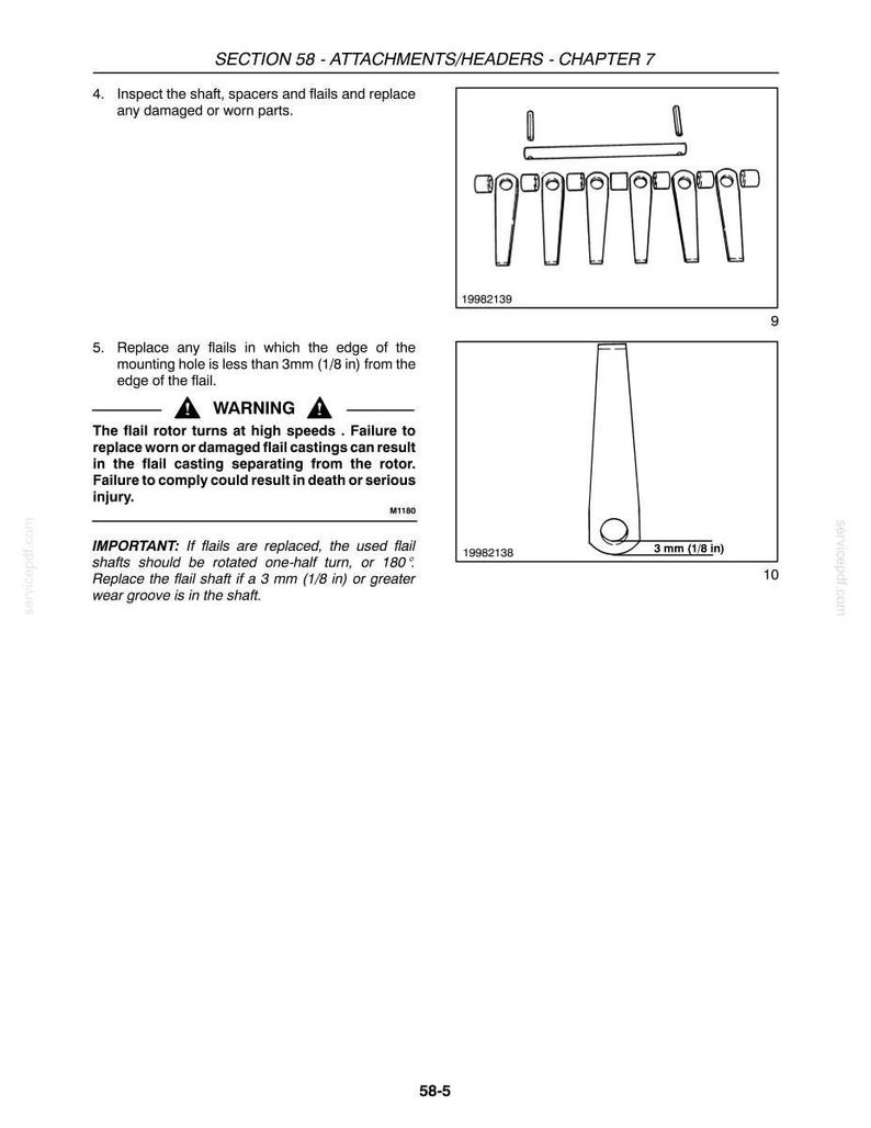 May include: Diagrams from a manual showing mechanical components. One diagram depicts a series of flails and related parts. Another diagram shows a single flail with a measurement of 3 mm (1/8 in). Text includes warnings and instructions.