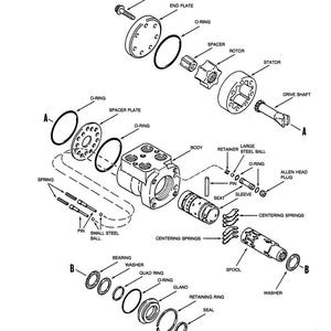 May include: An exploded view diagram of a steering control valve, showing various components like the end plate, O-rings, rotor, stator, and drive shaft. The diagram includes labels for each part, with measurements in inches.