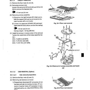 May include: Diagrams and instructions for removing and installing a canopy/cab, including floor mats, handrails, and canopy assembly. Measurements are provided in mm and inches, and the canopy weight is 265 lbs.