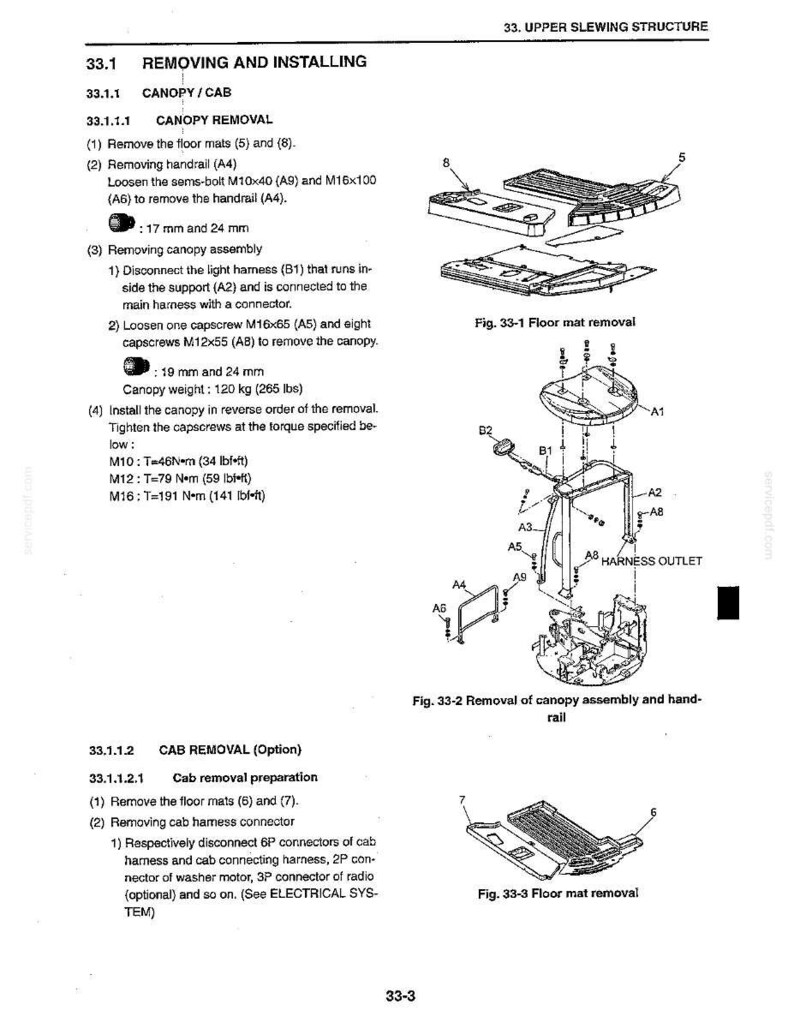 May include: Diagrams and instructions for removing and installing a canopy/cab, including floor mats, handrails, and canopy assembly. Measurements are provided in mm and inches, and the canopy weight is 265 lbs.