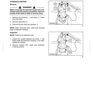 May include: A technical manual page titled SECTION 35 - HYDRAULICS - CHAPTER 1, detailing the removal and inspection of a hydraulic motor. It includes a warning, numbered instructions, and two line-art diagrams showing motor components and hoses.