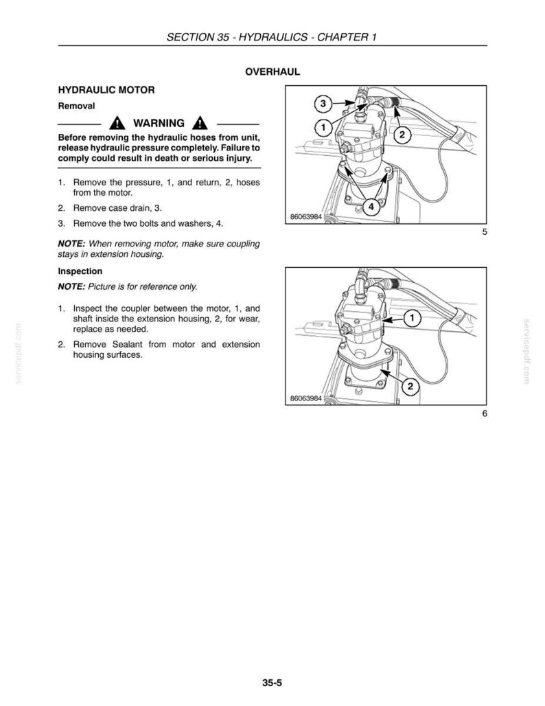May include: A technical manual page titled SECTION 35 - HYDRAULICS - CHAPTER 1, detailing the removal and inspection of a hydraulic motor. It includes a warning, numbered instructions, and two line-art diagrams showing motor components and hoses.