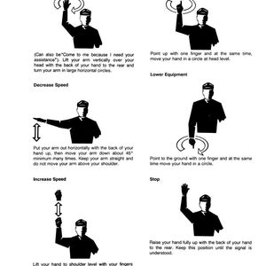 May include: A black and white diagram illustrating hand signals. The diagram includes instructions for "Come to Me," "Raise Equipment," "Decrease Speed," "Lower Equipment," "Increase Speed," and "Stop." The text is in English.