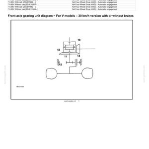 May include: Diagram of a powered front axle system, including a functional diagram and a gearing unit diagram for V models. The diagrams show various components labeled with numbers and text, with a focus on the 30 km/h version.