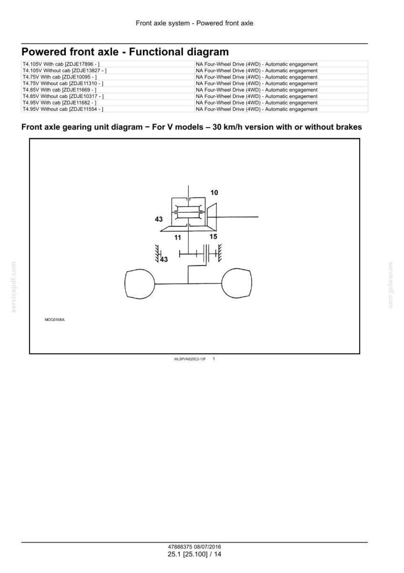 May include: Diagram of a powered front axle system, including a functional diagram and a gearing unit diagram for V models. The diagrams show various components labeled with numbers and text, with a focus on the 30 km/h version.
