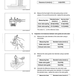 Op de afbeelding: Technische diagrammen en tabellen die de mechanische inspectieprocedures van de motor illustreren. Bevat metingen voor klepveren, klepstelen en oliespeling, met standaard- en limietwaarden in mm en inches.