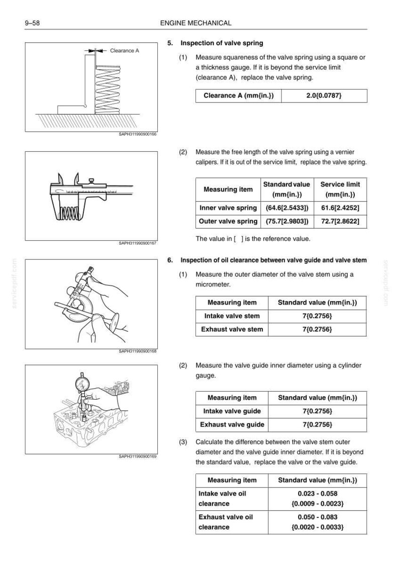 Op de afbeelding: Technische diagrammen en tabellen die de mechanische inspectieprocedures van de motor illustreren. Bevat metingen voor klepveren, klepstelen en oliespeling, met standaard- en limietwaarden in mm en inches.