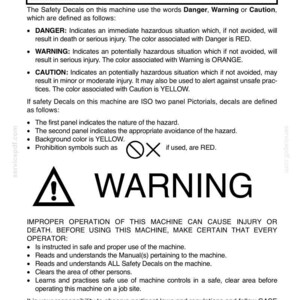 May include: A safety manual page with a black and white warning symbol and the word "WARNING" in large, bold letters. The text explains safety alerts, hazard levels, and operator responsibilities for machine operation.