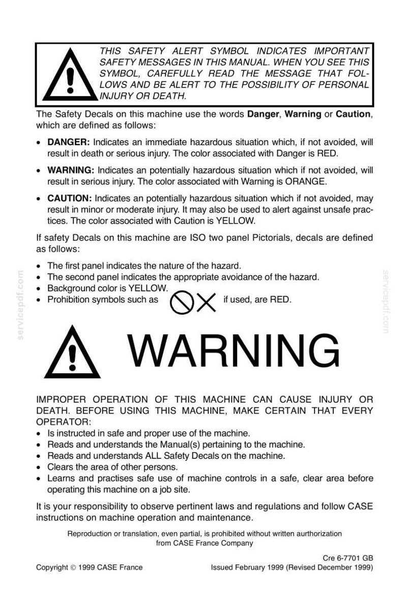 May include: A safety manual page with a black and white warning symbol and the word "WARNING" in large, bold letters. The text explains safety alerts, hazard levels, and operator responsibilities for machine operation.