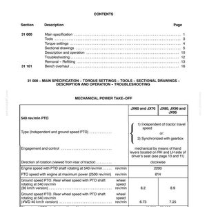 May include: A detailed technical document titled "SECTION 31 - POWER TAKE-OFF" with diagrams and specifications. Includes tables with engine speeds, PTO speeds, and wheel speeds. Measurements are in inches and rev/min.