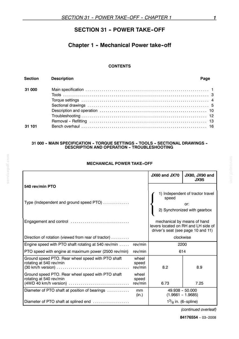 May include: A detailed technical document titled "SECTION 31 - POWER TAKE-OFF" with diagrams and specifications. Includes tables with engine speeds, PTO speeds, and wheel speeds. Measurements are in inches and rev/min.