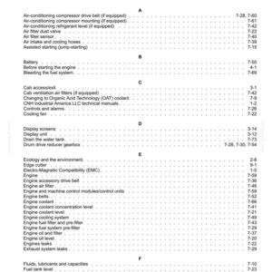May include: A detailed index page from a manual, featuring a list of automotive components and systems. The text is organized alphabetically, with page numbers provided for each item, such as "Air filter dust valve" and "Engine coolant".