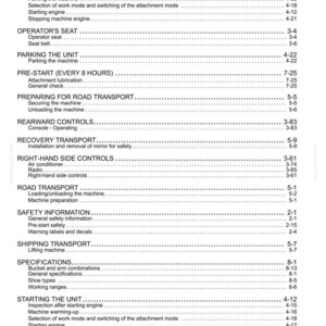 Pode incluir: Uma p&aacute;gina de &iacute;ndice impressa em preto e branco de um manual t&eacute;cnico. O texto lista se&ccedil;&otilde;es operacionais, incluindo assento do operador, estacionamento, pr&eacute;-partida, transporte rodovi&aacute;rio, controles traseiros e especifica&ccedil;&otilde;es t&eacute;cnicas.