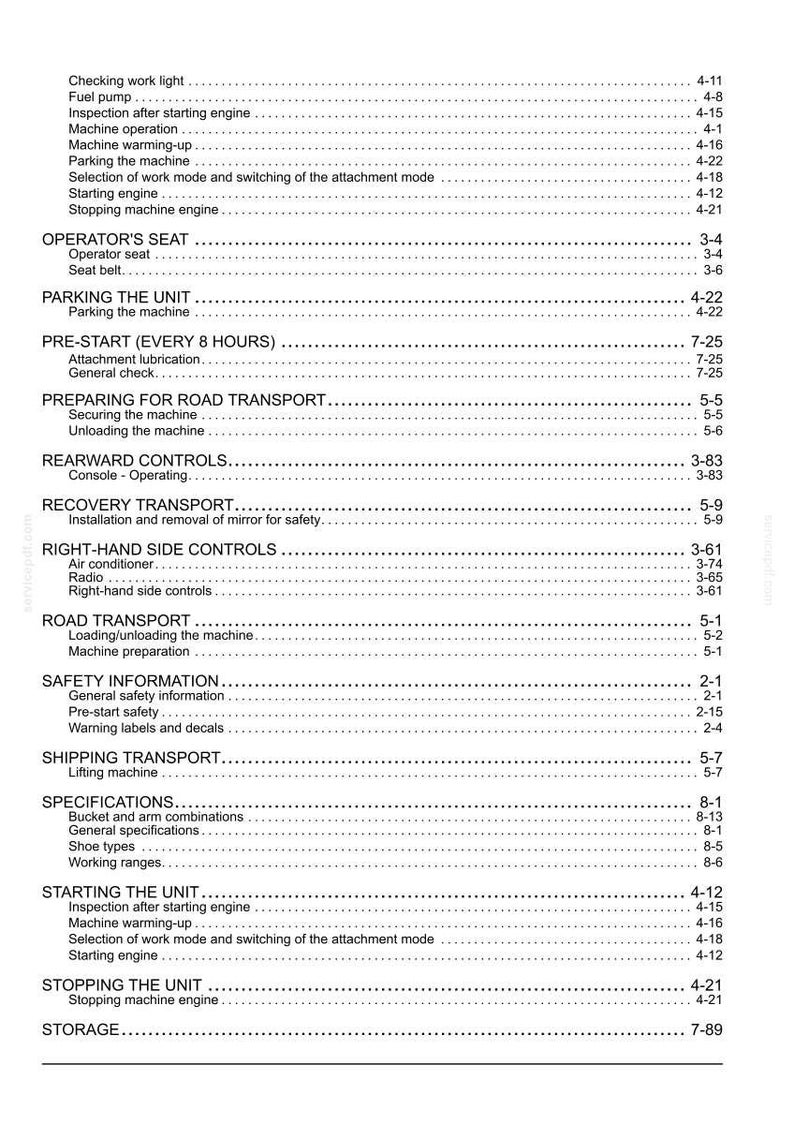 Pode incluir: Uma p&aacute;gina de &iacute;ndice impressa em preto e branco de um manual t&eacute;cnico. O texto lista se&ccedil;&otilde;es operacionais, incluindo assento do operador, estacionamento, pr&eacute;-partida, transporte rodovi&aacute;rio, controles traseiros e especifica&ccedil;&otilde;es t&eacute;cnicas.