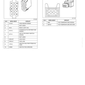 May include: A technical diagram showing two electrical connectors labeled 4002-94. The left side displays a 10-pin SW-PD switch pad connector with a wiring table. The right side shows a 2-pin TCOT torque converter output sender with its wiring table.