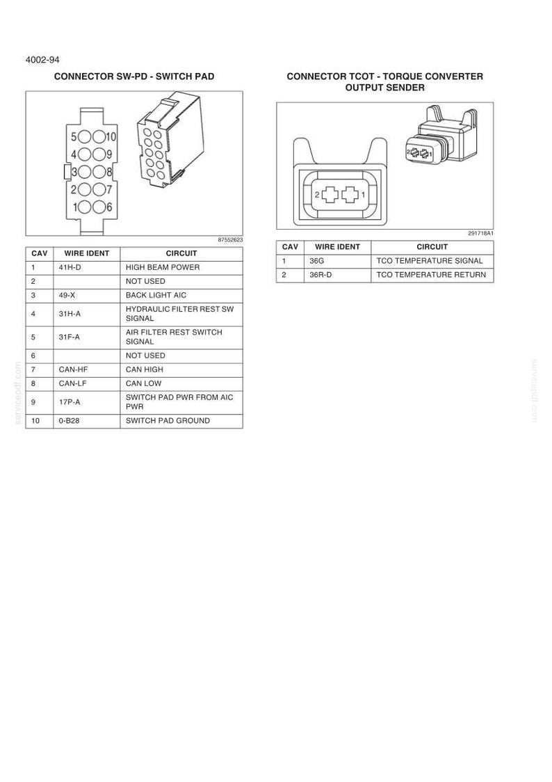 May include: A technical diagram showing two electrical connectors labeled 4002-94. The left side displays a 10-pin SW-PD switch pad connector with a wiring table. The right side shows a 2-pin TCOT torque converter output sender with its wiring table.
