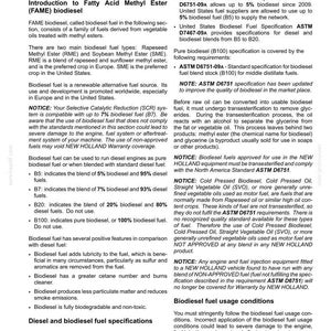 Puede incluir: Una p&aacute;gina de documento t&eacute;cnico titulada Biodiesel fuel - Biodiesel fuels 100751958 - V3 - 06 June 2016. El texto proporciona informaci&oacute;n sobre el uso de biodi&eacute;sel en productos New Holland, incluyendo &eacute;steres met&iacute;licos de &aacute;cidos grasos y especificaciones.
