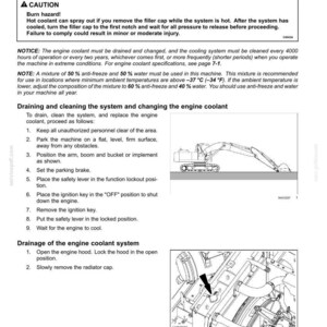 May include: A technical manual page titled 6-MAINTENANCE detailing engine coolant changing procedures every 4000 hours. It includes a caution about burn hazards, instructions for draining and cleaning, and two black and white line drawings of an excavator.