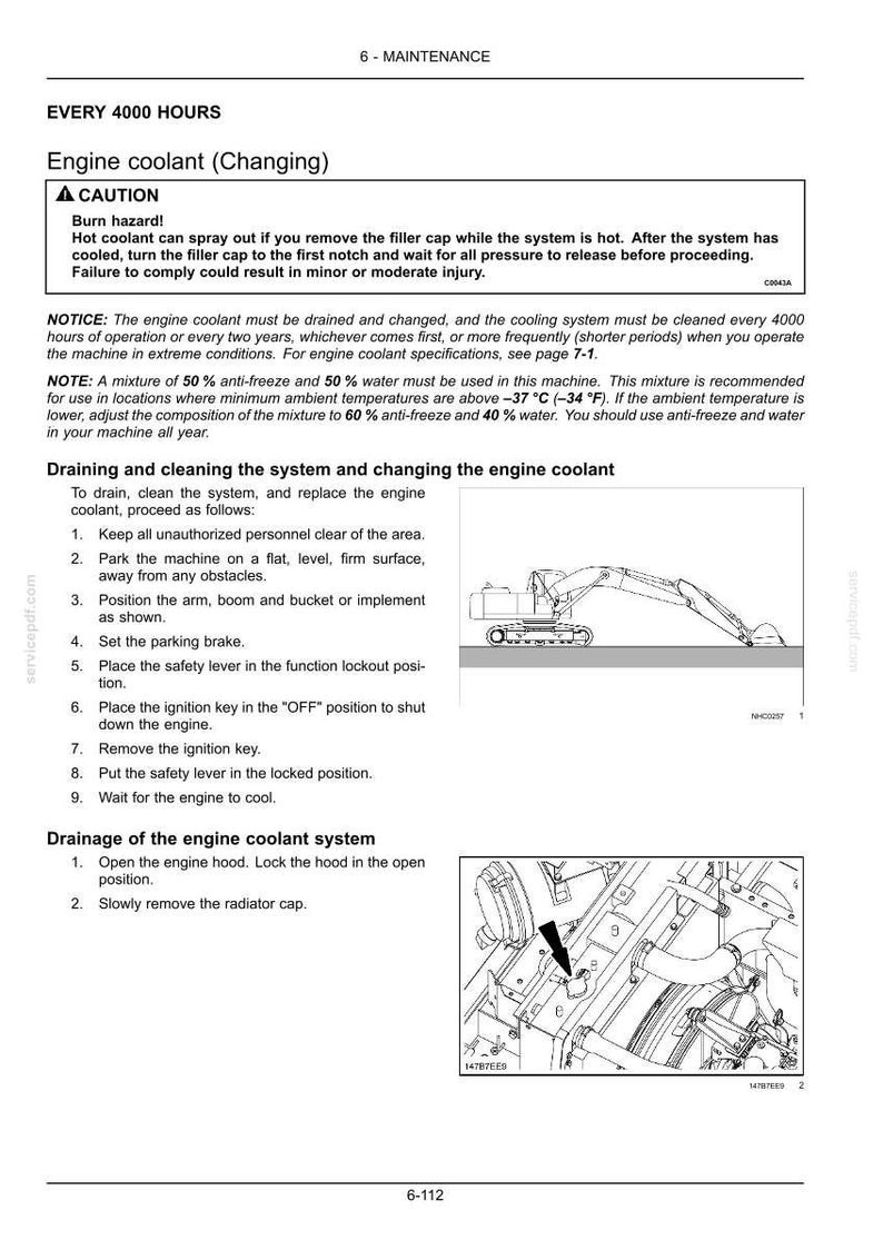 May include: A technical manual page titled 6-MAINTENANCE detailing engine coolant changing procedures every 4000 hours. It includes a caution about burn hazards, instructions for draining and cleaning, and two black and white line drawings of an excavator.