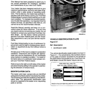 May include: A page from a Ford New Holland operator's manual titled Introduction, featuring text about tractor maintenance, a black and white photograph of a vehicle identification plate, and a diagram of the plate with fields for tractor number, model, and engine.