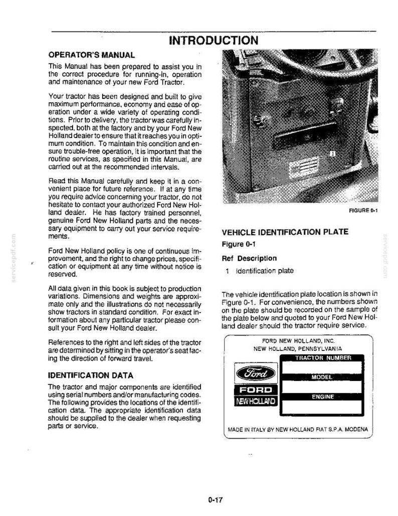 May include: A page from a Ford New Holland operator's manual titled Introduction, featuring text about tractor maintenance, a black and white photograph of a vehicle identification plate, and a diagram of the plate with fields for tractor number, model, and engine.