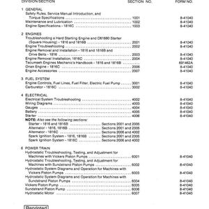May include: A printed table of contents for 1816, 1816B, and 1816C Uni-Loaders. The document is divided into sections such as General, Engines, Fuel System, Electrical, and Power Train. The document was printed in the U.S.A. in March 1982.