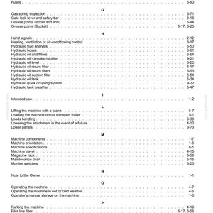 May include: A detailed table of contents from a manual, listing various machine components, maintenance procedures, and safety instructions. The text is in black font on a white background.